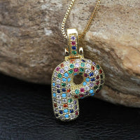 Hip Hop Fashion Collection Rainbow Color CZ Letter Pendant Necklace Gold Copper Micro Zircon A-Z Alphabets  Jewelry For Women