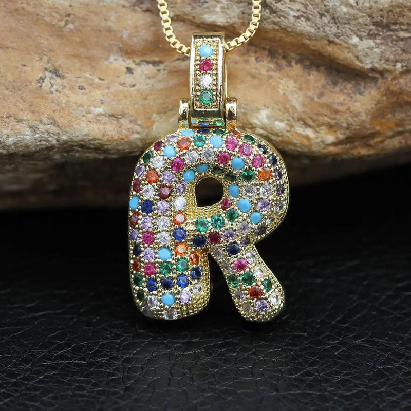 Hip Hop Fashion Collection Rainbow Color CZ Letter Pendant Necklace Gold Copper Micro Zircon A-Z Alphabets  Jewelry For Women