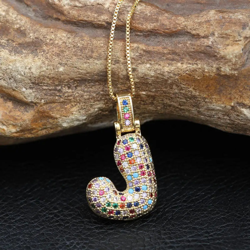 Hip Hop Fashion Collection Rainbow Color CZ Letter Pendant Necklace Gold Copper Micro Zircon A-Z Alphabets  Jewelry For Women