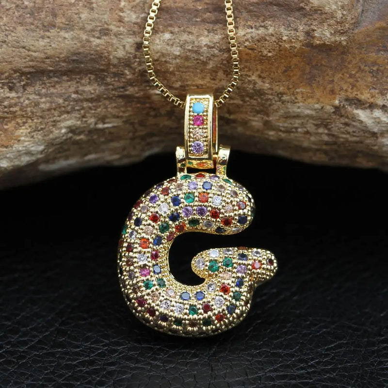 Hip Hop Fashion Collection Rainbow Color CZ Letter Pendant Necklace Gold Copper Micro Zircon A-Z Alphabets  Jewelry For Women