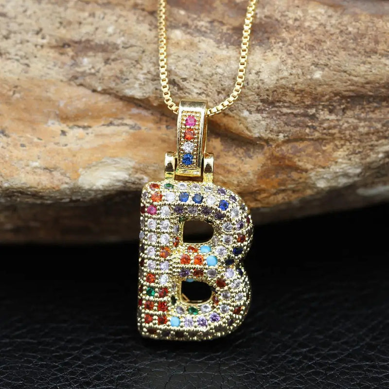 Hip Hop Fashion Collection Rainbow Color CZ Letter Pendant Necklace Gold Copper Micro Zircon A-Z Alphabets  Jewelry For Women