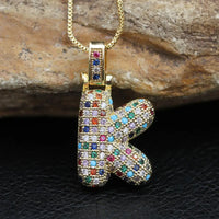 Hip Hop Fashion Collection Rainbow Color CZ Letter Pendant Necklace Gold Copper Micro Zircon A-Z Alphabets  Jewelry For Women