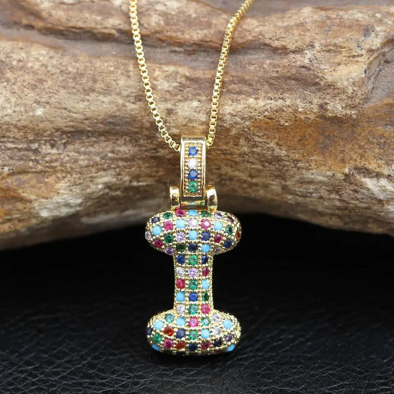 Hip Hop Fashion Collection Rainbow Color CZ Letter Pendant Necklace Gold Copper Micro Zircon A-Z Alphabets  Jewelry For Women