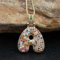 Hip Hop Fashion Collection Rainbow Color CZ Letter Pendant Necklace Gold Copper Micro Zircon A-Z Alphabets  Jewelry For Women