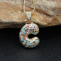 Hip Hop Fashion Collection Rainbow Color CZ Letter Pendant Necklace Gold Copper Micro Zircon A-Z Alphabets  Jewelry For Women