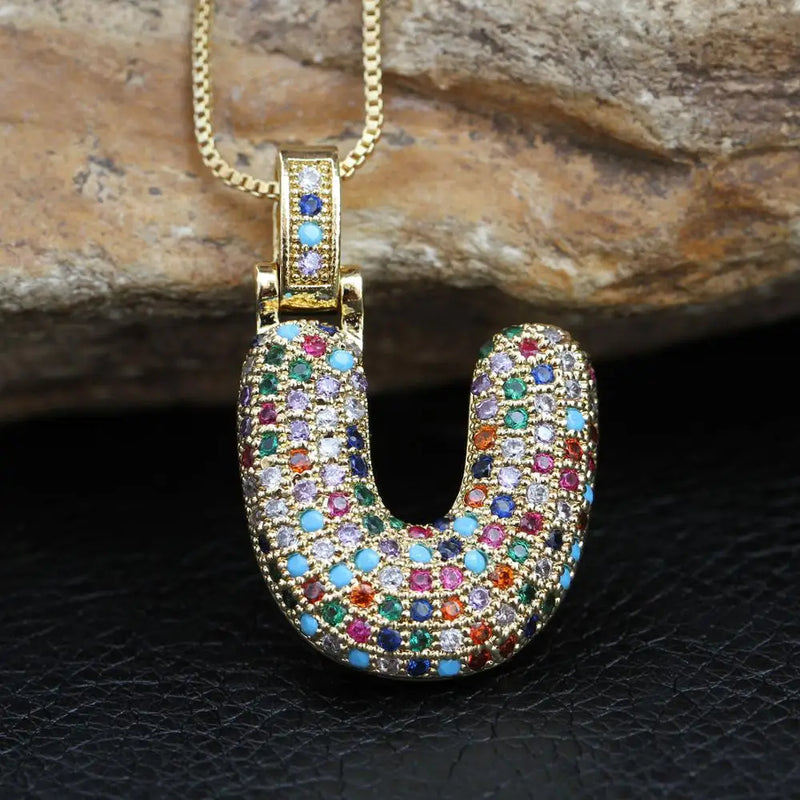 Hip Hop Fashion Collection Rainbow Color CZ Letter Pendant Necklace Gold Copper Micro Zircon A-Z Alphabets  Jewelry For Women