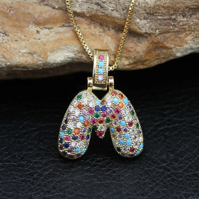 Hip Hop Fashion Collection Rainbow Color CZ Letter Pendant Necklace Gold Copper Micro Zircon A-Z Alphabets  Jewelry For Women