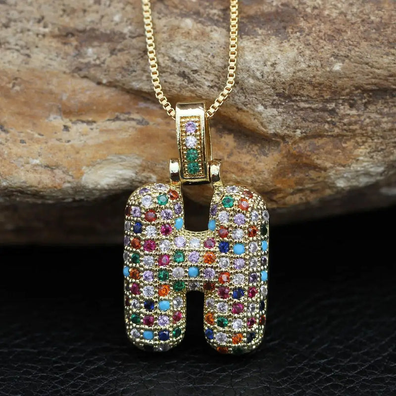 Hip Hop Fashion Collection Rainbow Color CZ Letter Pendant Necklace Gold Copper Micro Zircon A-Z Alphabets  Jewelry For Women