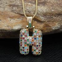 Hip Hop Fashion Collection Rainbow Color CZ Letter Pendant Necklace Gold Copper Micro Zircon A-Z Alphabets  Jewelry For Women