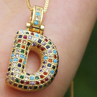 Hip Hop Fashion Collection Rainbow Color CZ Letter Pendant Necklace Gold Copper Micro Zircon A-Z Alphabets  Jewelry For Women