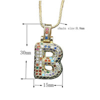 Hip Hop Fashion Collection Rainbow Color CZ Letter Pendant Necklace Gold Copper Micro Zircon A-Z Alphabets  Jewelry For Women