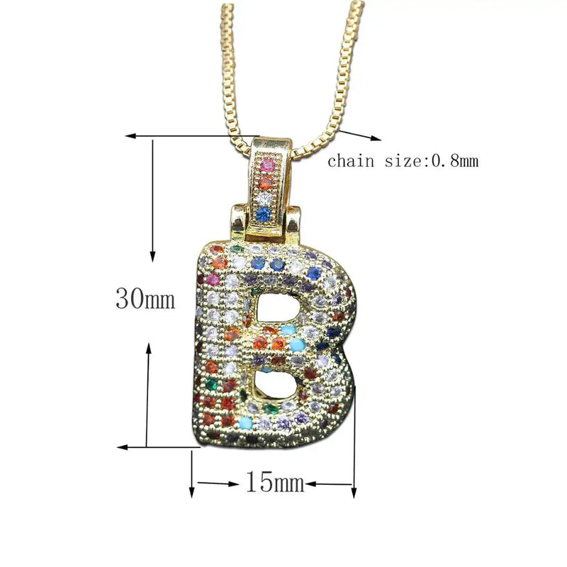 Hip Hop Fashion Collection Rainbow Color CZ Letter Pendant Necklace Gold Copper Micro Zircon A-Z Alphabets  Jewelry For Women