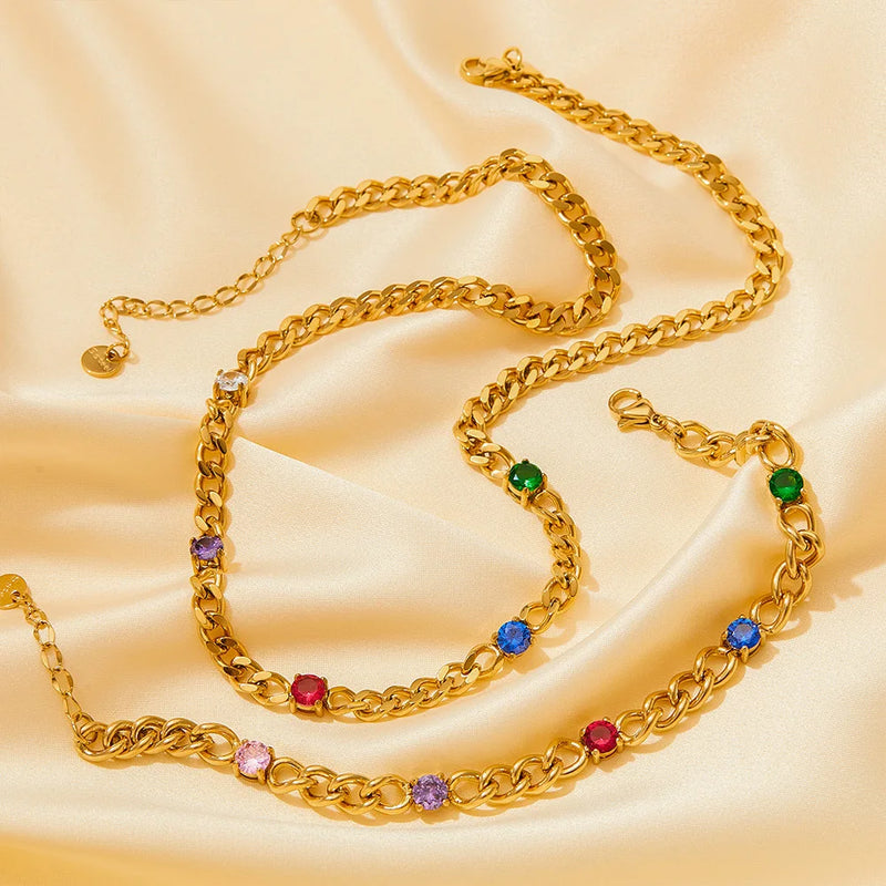 Colored Stones Chain Necklace - Nahzshop