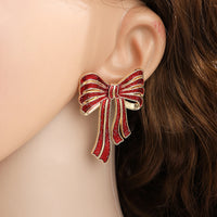 A Pair of Fashionable New Red Bow Earrings, Environmentally Friendly Alloy Dripping Oil Creative Earrings, Christmas Earrings