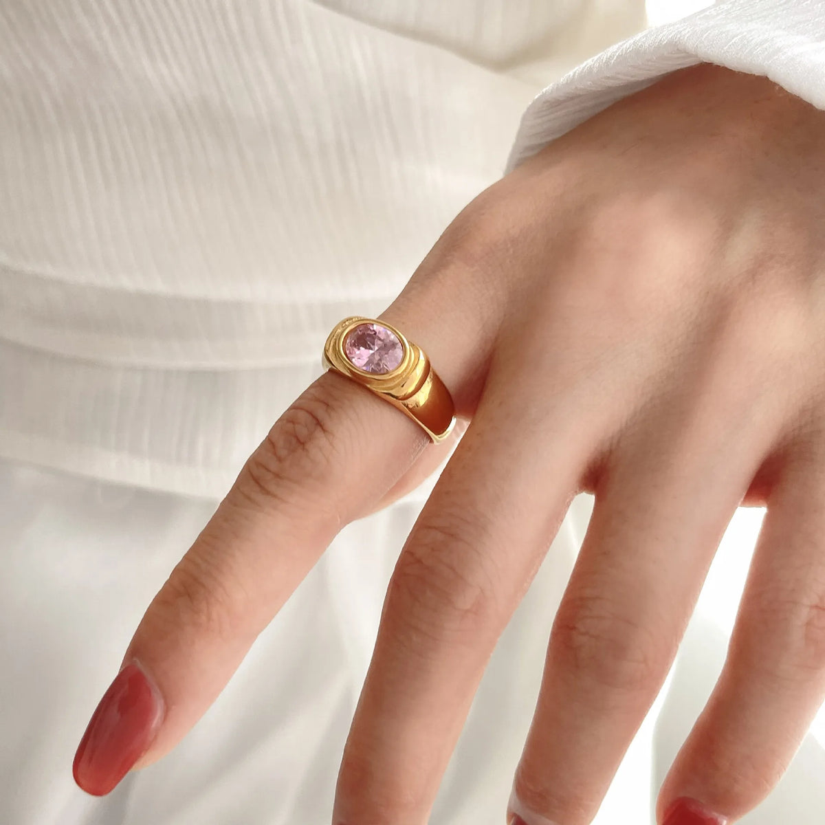 Pink Oval Gold Zirconia Ring- nahzshop