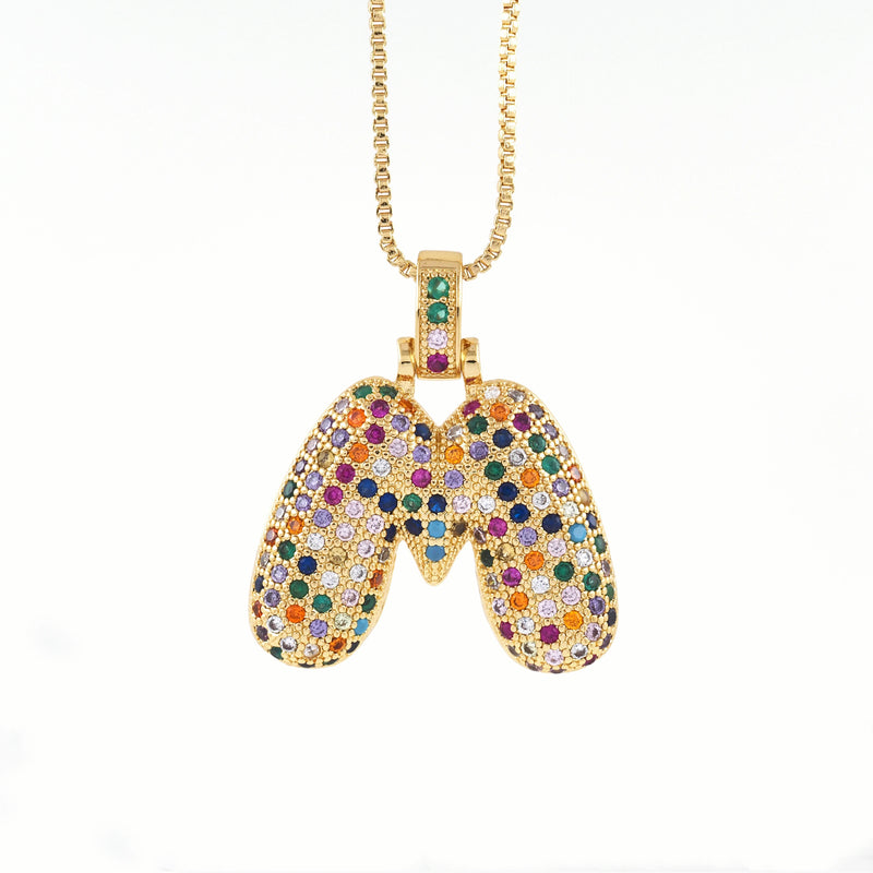 Hip Hop Fashion Collection Rainbow Color CZ Letter Pendant Necklace Gold Copper Micro Zircon A-Z Alphabets  Jewelry For Women