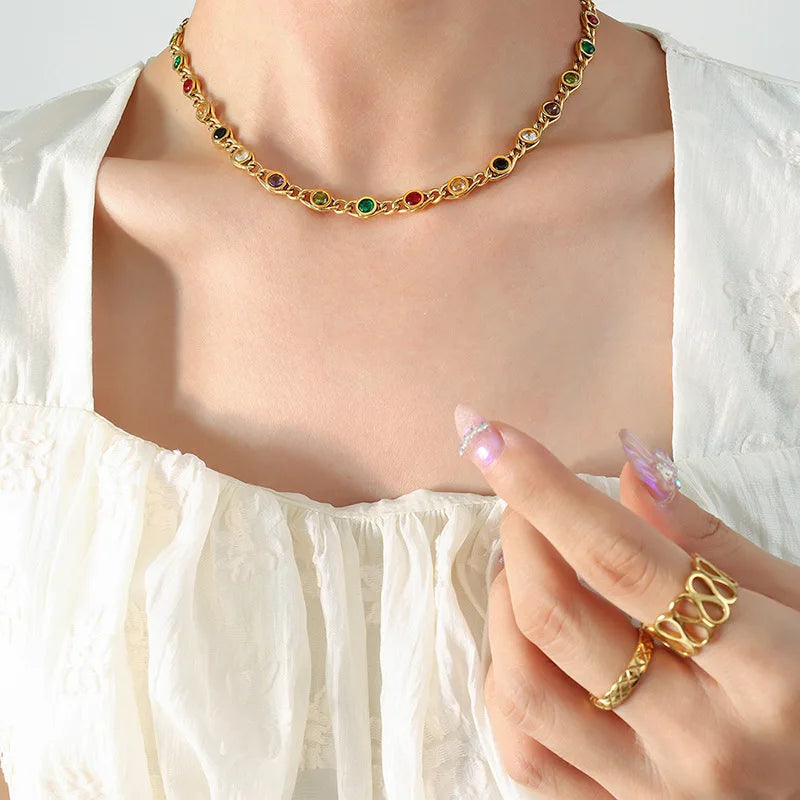 Colored Stones Chain Necklace - Nahzshop