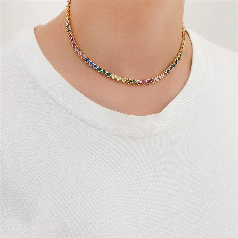 Romantic Rainbow Heart Zirconia Gold Necklaces