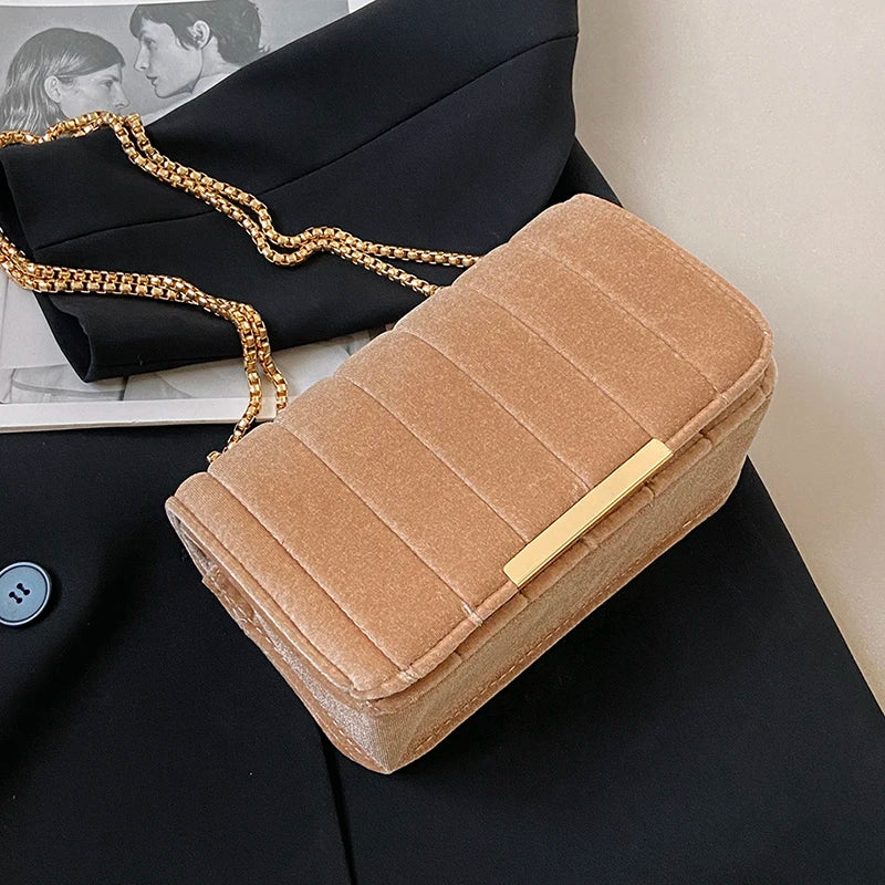 Khaki Velvet Chain Crossbody Bag - Nahzshop