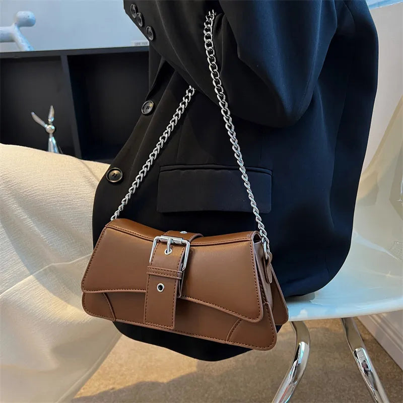 Chain Khaki Leather Bag- Nahzshop