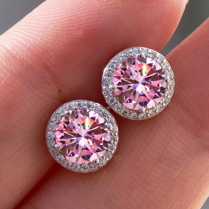 Brincos Moissanite redondos para mulheres, prata esterlina 925, cor rosa, presente luxuoso para noivado, casamento, trabalho diário, festa, viagem