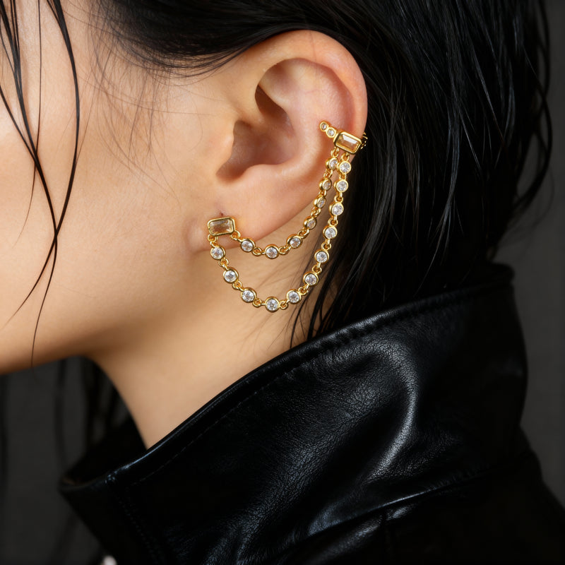 Double Chain Zircon Cuff Earrings