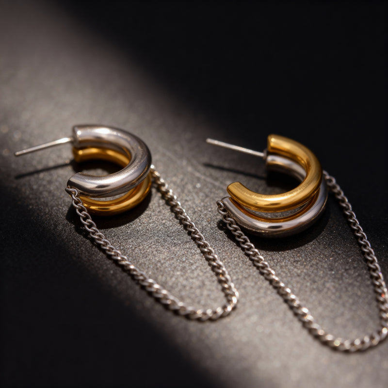 Two-Tone Hoop Earrings with Chain