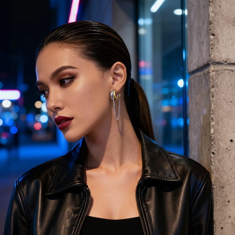 Two-Tone Hoop Earrings with Chain