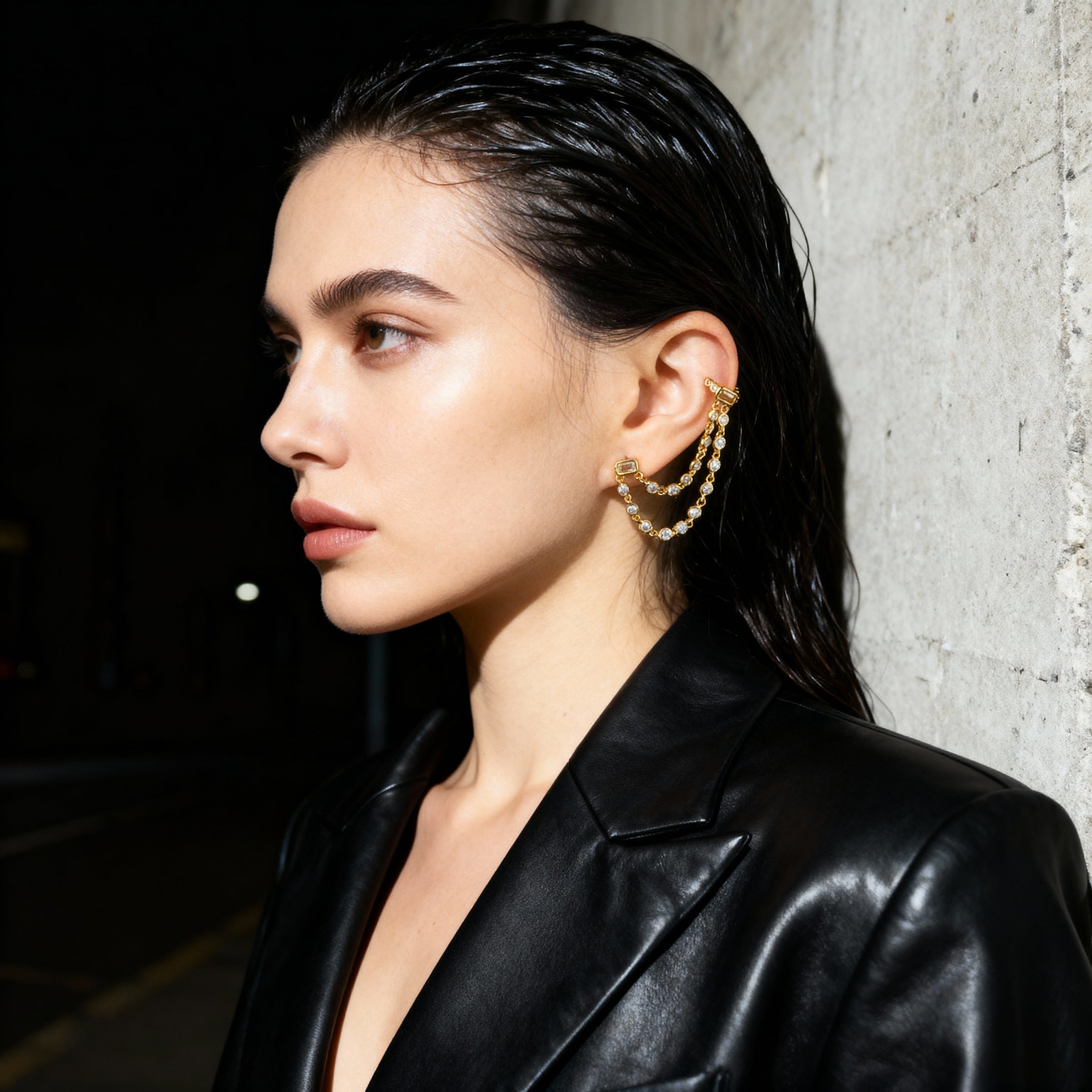 Double Chain Zircon Cuff Earrings