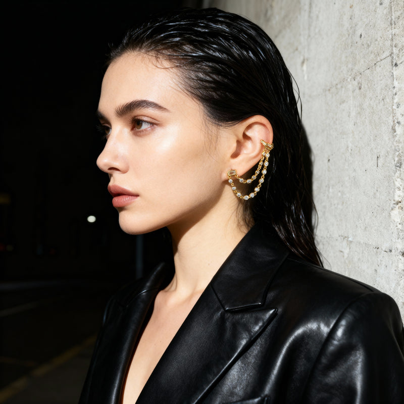 Double Chain Zircon Cuff Earrings