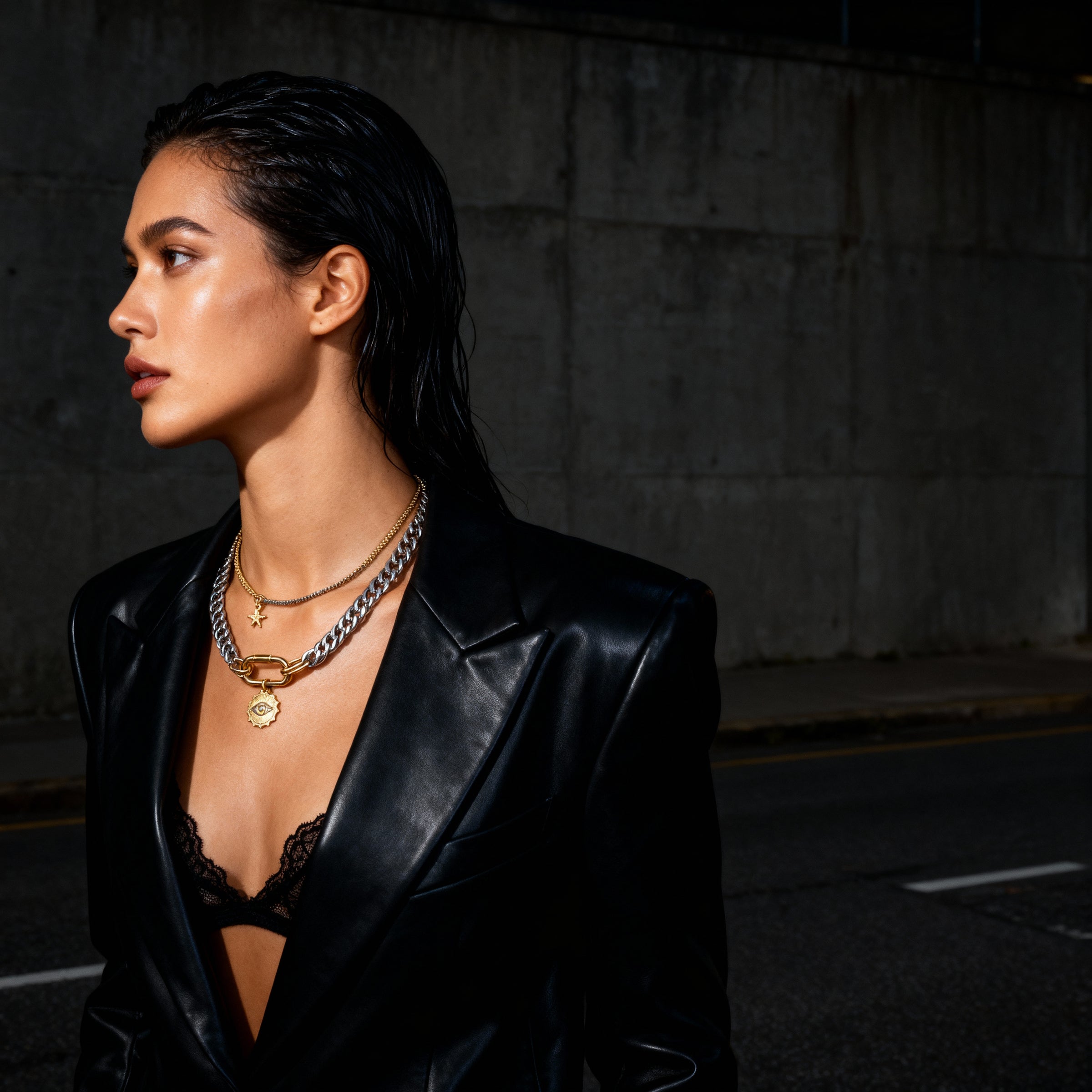 Dual-Tone Buckle Necklace Set