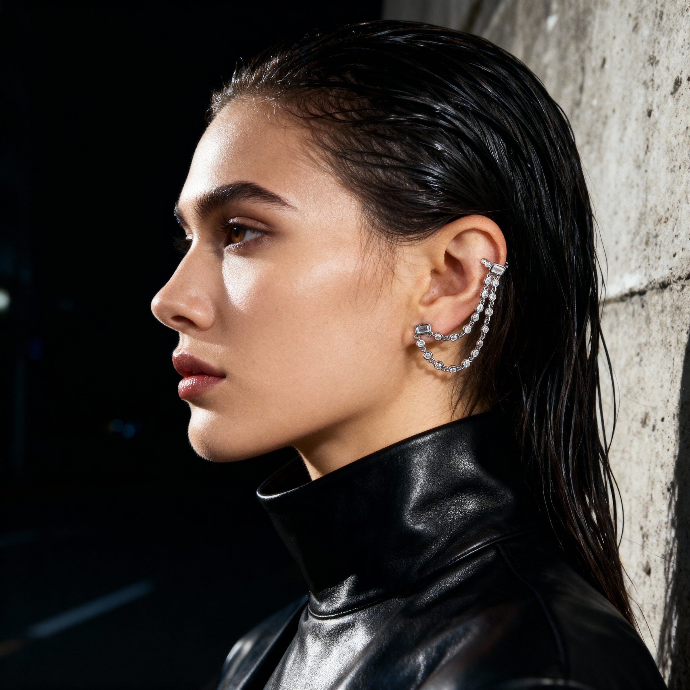 Double Chain Zircon Cuff Earrings
