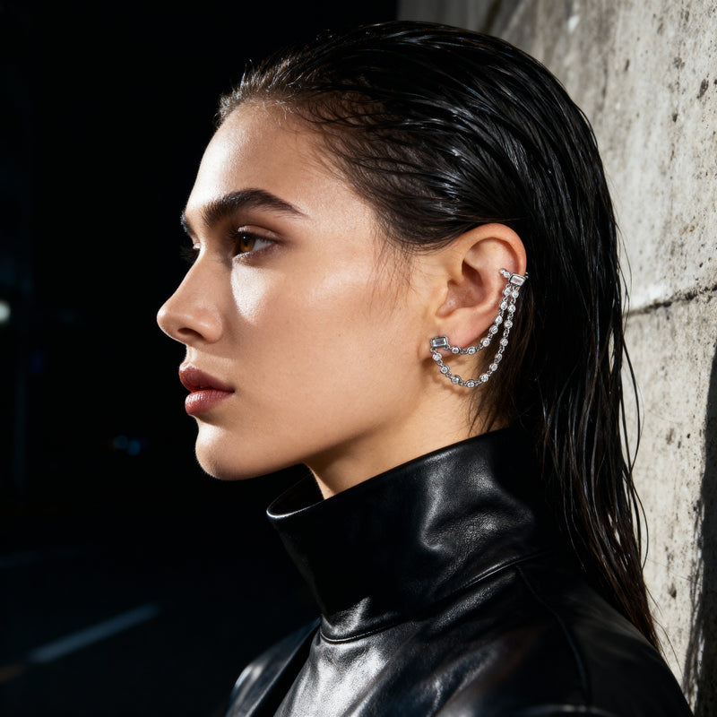Double Chain Zircon Cuff Earrings