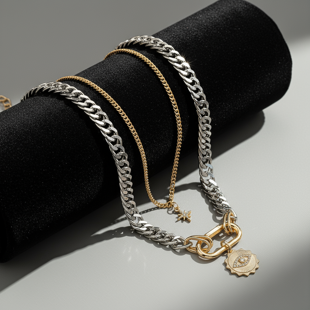 Dual-Tone Buckle Necklace Set