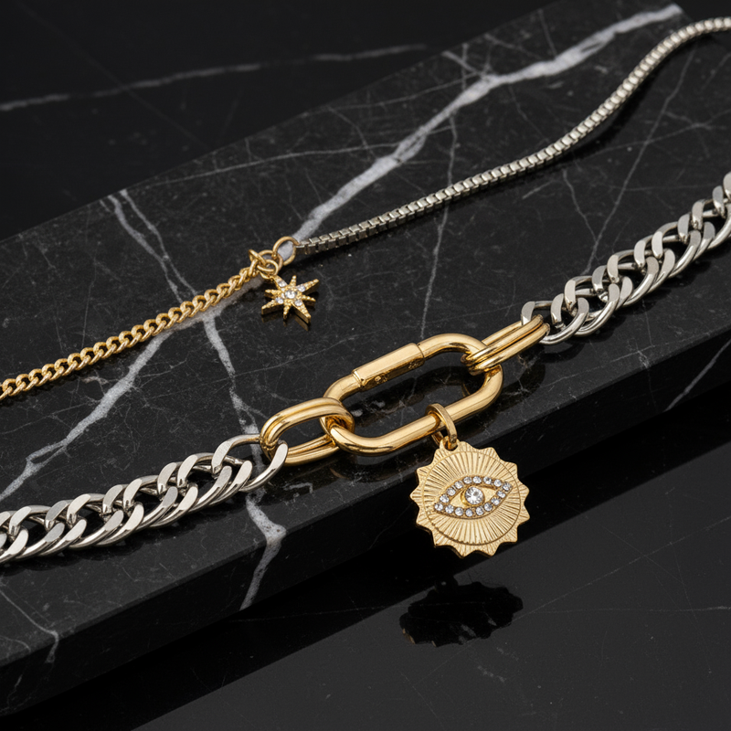 Dual-Tone Buckle Necklace Set