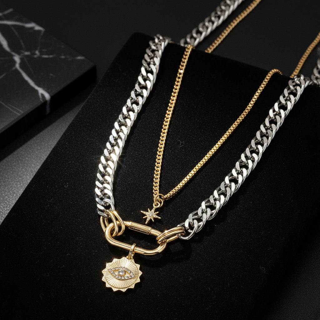 Dual-Tone Buckle Necklace Set