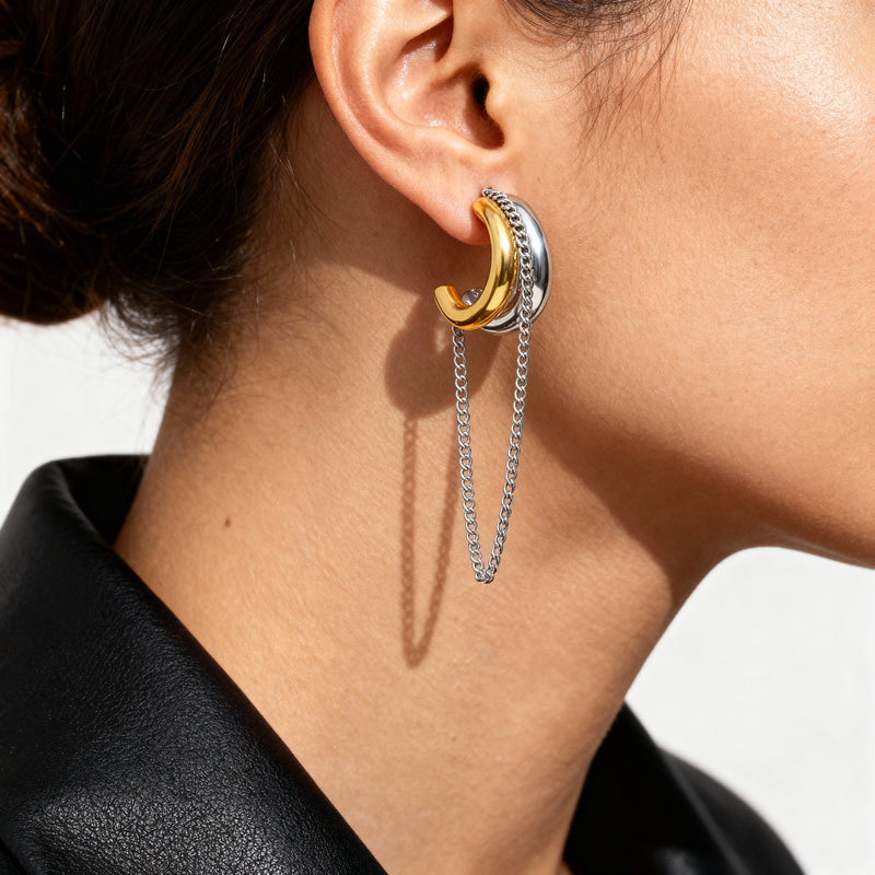 Two-Tone Hoop Earrings with Chain