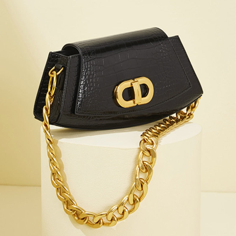 Gold Chain Leather Bag - nahzshop 